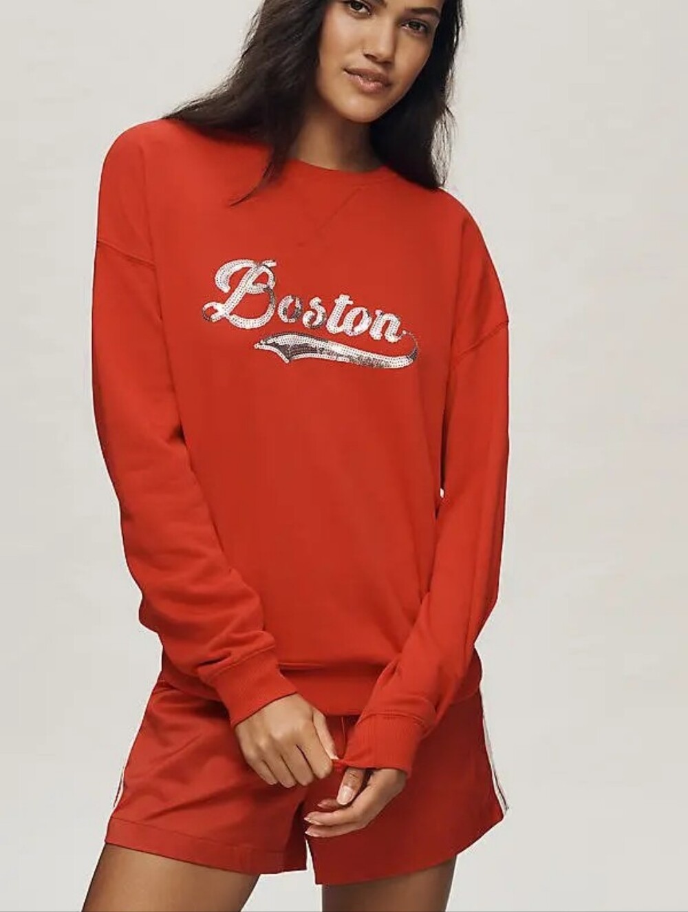 Anthropologie Beach Riot Red Sweatshirt with Silver Sequin "Boston" Script